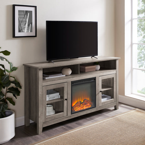 58" Transitional Fireplace Glass Wood TV Stand - Grey Wash Grey Wash