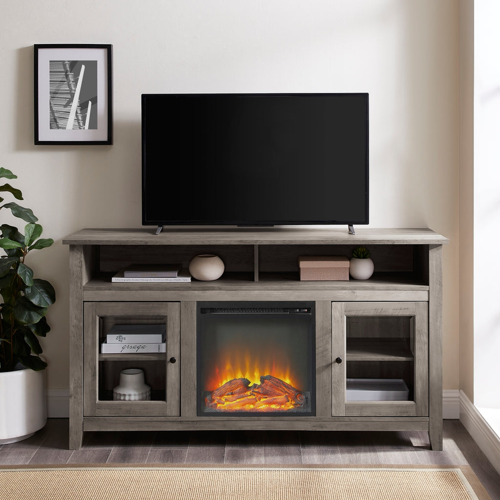 58" Transitional Fireplace Glass Wood TV Stand - Grey Wash Grey Wash