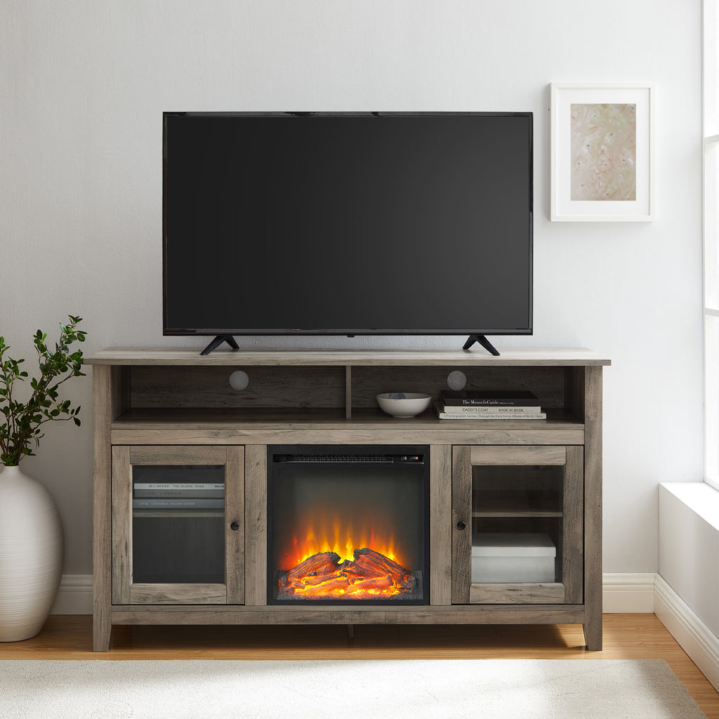 W58FP18HBGW - 58" Transitional Fireplace Glass Wood TV Stand - Grey Wash Grey Wash