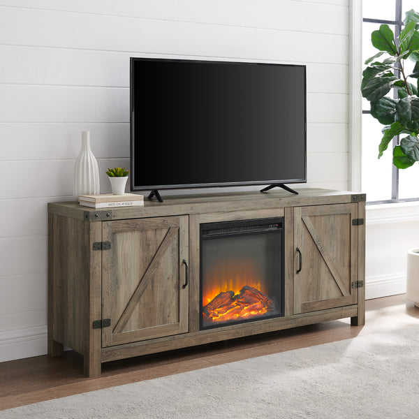 W58FPBDGW - 58" Rustic Modern Farmhouse Fireplace TV Stand Barnwood
