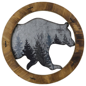 HiEnd Accents Round Bear Wall Art WD2222 Brown, Grey Wood, Iron 18.9x0.98x18.9