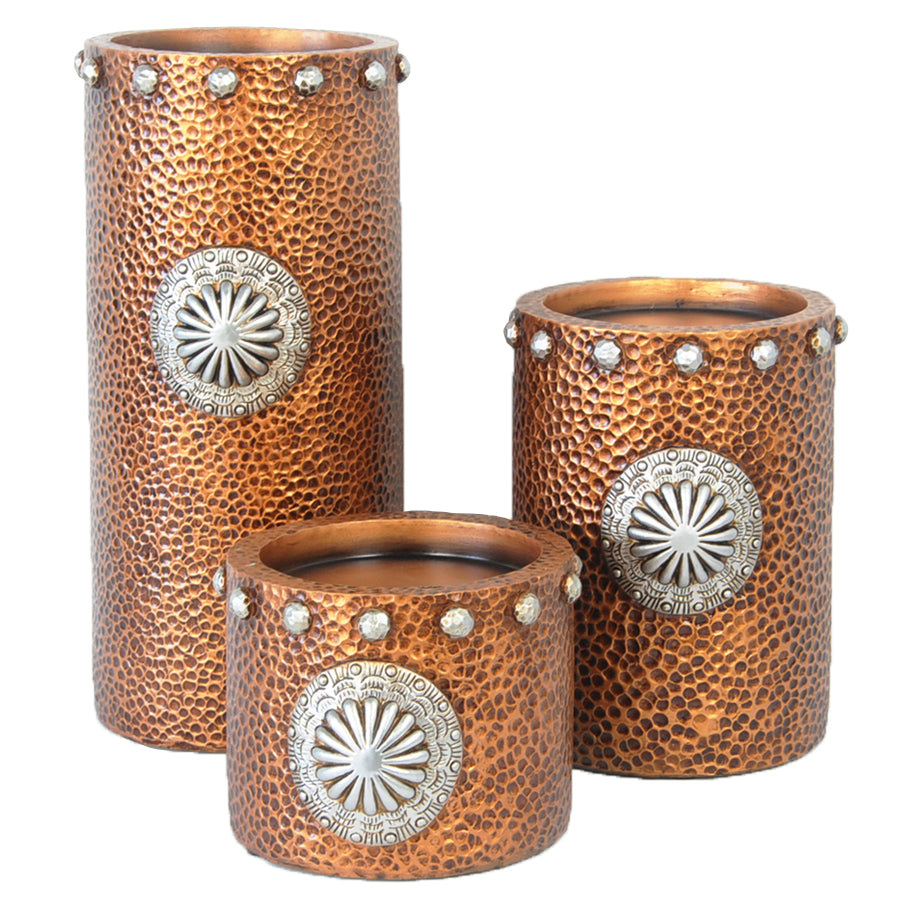 Faux Hammered Copper Candle Holder Set with Silver Concho Accents