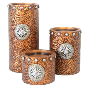 HiEnd Accents Faux Hammered Copper with Concho Candle Holder Set WD3013 Brown Resin 11.81x11.02x5.31