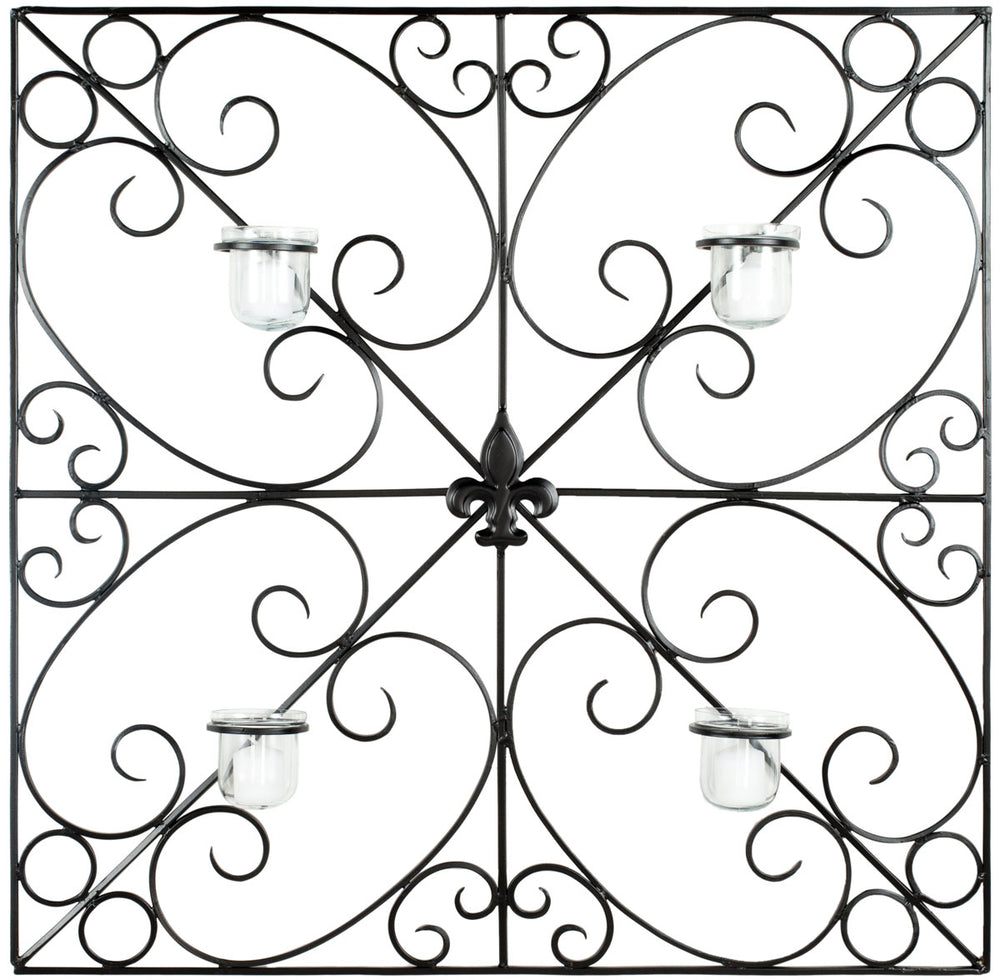 Votive Wall Décor with Elegant Wrought Iron Scrolls, Fleur de Lis Medallion & 4 Candle Holders