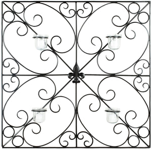 Votive Wall Décor with Elegant Wrought Iron Scrolls, Fleur de Lis Medallion & 4 Candle Holders