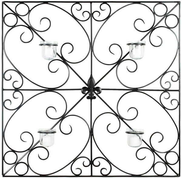 Votive Wall Décor with Elegant Wrought Iron Scrolls, Fleur de Lis Medallion & 4 Candle Holders