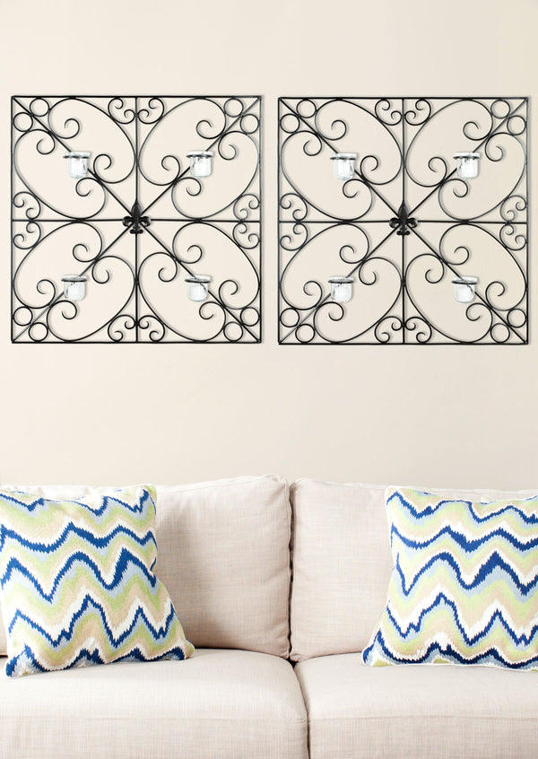 Votive Wall Décor with Elegant Wrought Iron Scrolls, Fleur de Lis Medallion & 4 Candle Holders