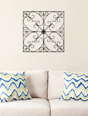 Votive Wall Décor with Elegant Wrought Iron Scrolls, Fleur de Lis Medallion & 4 Candle Holders