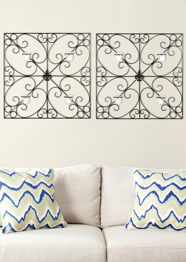 Votive Wall Décor with Elegant Wrought Iron Scrolls, Fleur de Lis Medallion & 4 Candle Holders