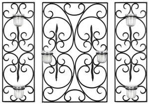 Edwina Elegant Wall Décor with Three Panels & Six Glass Votive Holders - Classic Iron Design