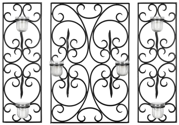 Edwina Elegant Wall Décor with Three Panels & Six Glass Votive Holders - Classic Iron Design