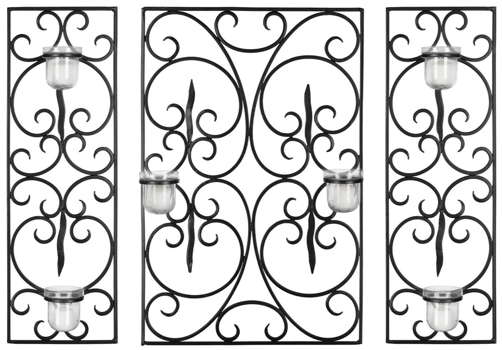 Edwina Elegant Wall Décor with Three Panels & Six Glass Votive Holders - Classic Iron Design