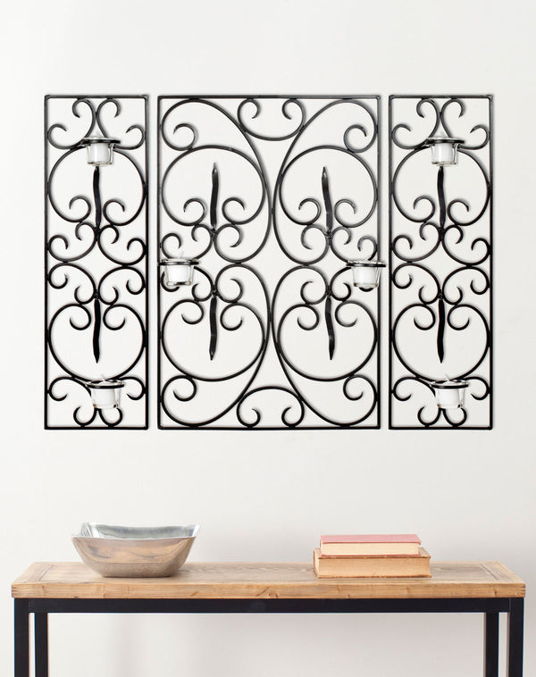 Edwina Elegant Wall Décor with Three Panels & Six Glass Votive Holders - Classic Iron Design