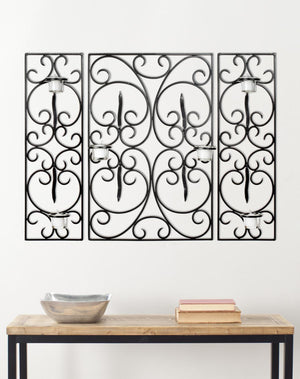 Edwina Elegant Wall Décor with Three Panels & Six Glass Votive Holders - Classic Iron Design