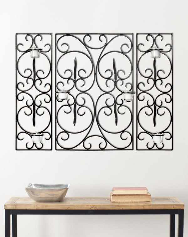 Edwina Elegant Wall Décor with Three Panels & Six Glass Votive Holders - Classic Iron Design