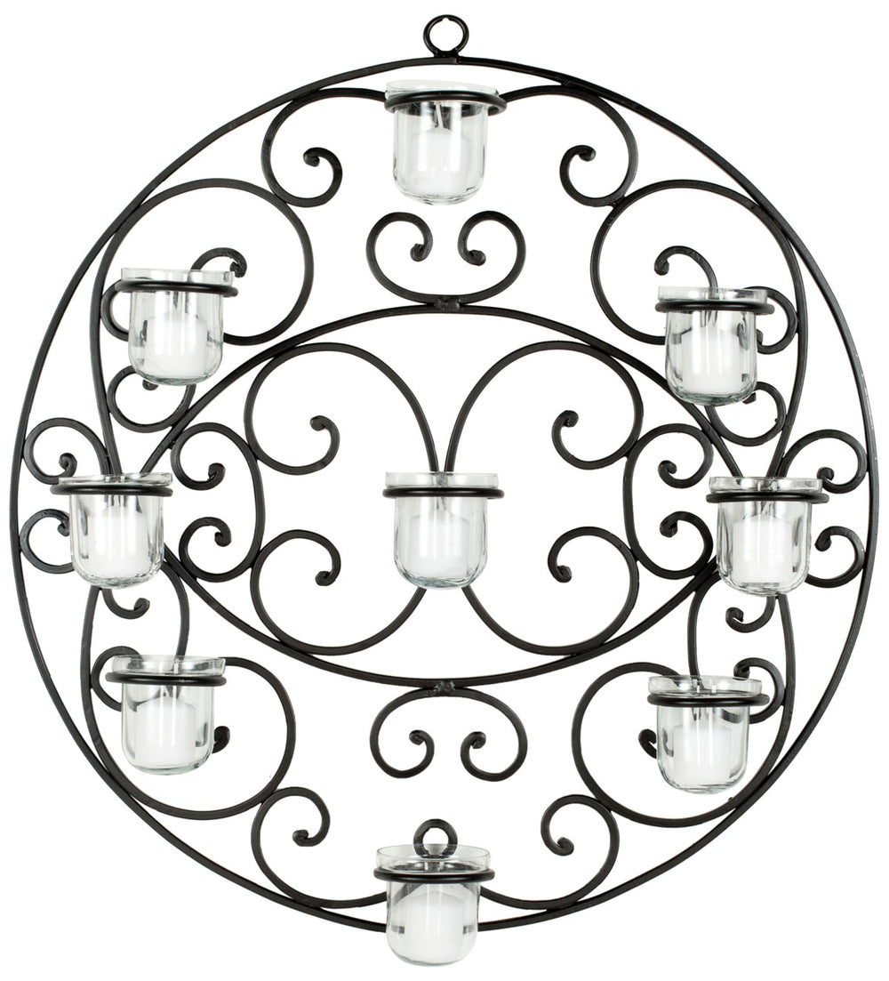 Tea Light Wall Décor – Elegant Black Sconce with 9 Glass Cups for Spanish & Italian Villa Charm