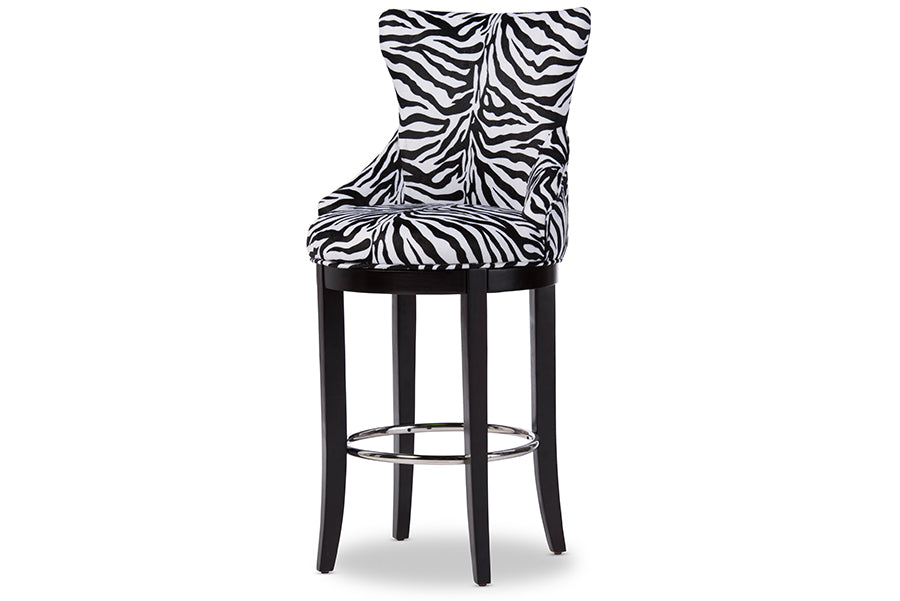 Baxton Studio Peace Modern and Contemporary Zebra-print Patterned Fabric Upholstered Bar Stool with Metal Footrest