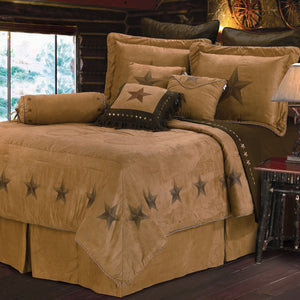 HiEnd Accents Luxury Star Comforter Set WS2010-FL-OC Tan Comforter - Face and Back: 100% polyester. Bed Skirt - Skirt: 100% polyester; Decking: 100% polyester. Pillow Sham - 100% polyester. Decorative Pillows - Shell: 100% polyester; Fill: 100% polyester. 80x90x3