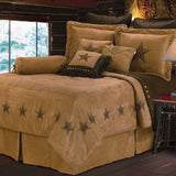 HiEnd Accents Luxury Star Comforter Set WS2010-TW-OC Tan Comforter - Face and Back: 100% polyester. Bed Skirt - Skirt: 100% polyester; Decking: 100% polyester. Pillow Sham - 100% polyester. Decorative Pillows - Shell: 100% polyester; Fill: 100% polyester. 68x88x3