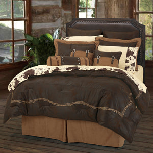 HiEnd Accents Barbwire Comforter Set WS3190-FL-CH Brown Comforter - Face and Back: 100% polyester; Fill: 100% polyester. Bed Skirt - Skirt: 100% polyester; Decking: 100% polyester. Pillow Sham - 100% polyester. Decorative Pillow - Shell: 100% polyester; Fill: 100% polyester. 80x90x3