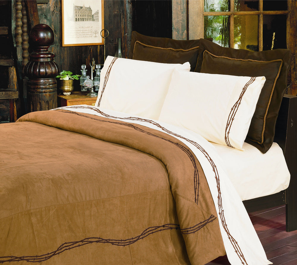 HiEnd Accents Barbwire Comforter Set WS3190-FL-CH Brown Comforter - Face and Back: 100% polyester; Fill: 100% polyester. Bed Skirt - Skirt: 100% polyester; Decking: 100% polyester. Pillow Sham - 100% polyester. Decorative Pillow - Shell: 100% polyester; Fill: 100% polyester. 80x90x3