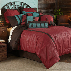 HiEnd Accents Cheyenne Comforter Set WS4001-FL-RD red Comforter: Face: 100% Polyester. Back: 100% Cotton; BedSkirt: Skirt: 100% Polyester. Decking: 100% Polyester; Standard Sham: 100% Polyester(2pc); Dec Pillow: Shell: 100% Polyester. Filling: 100% Polyster(3pc) 80x90x3