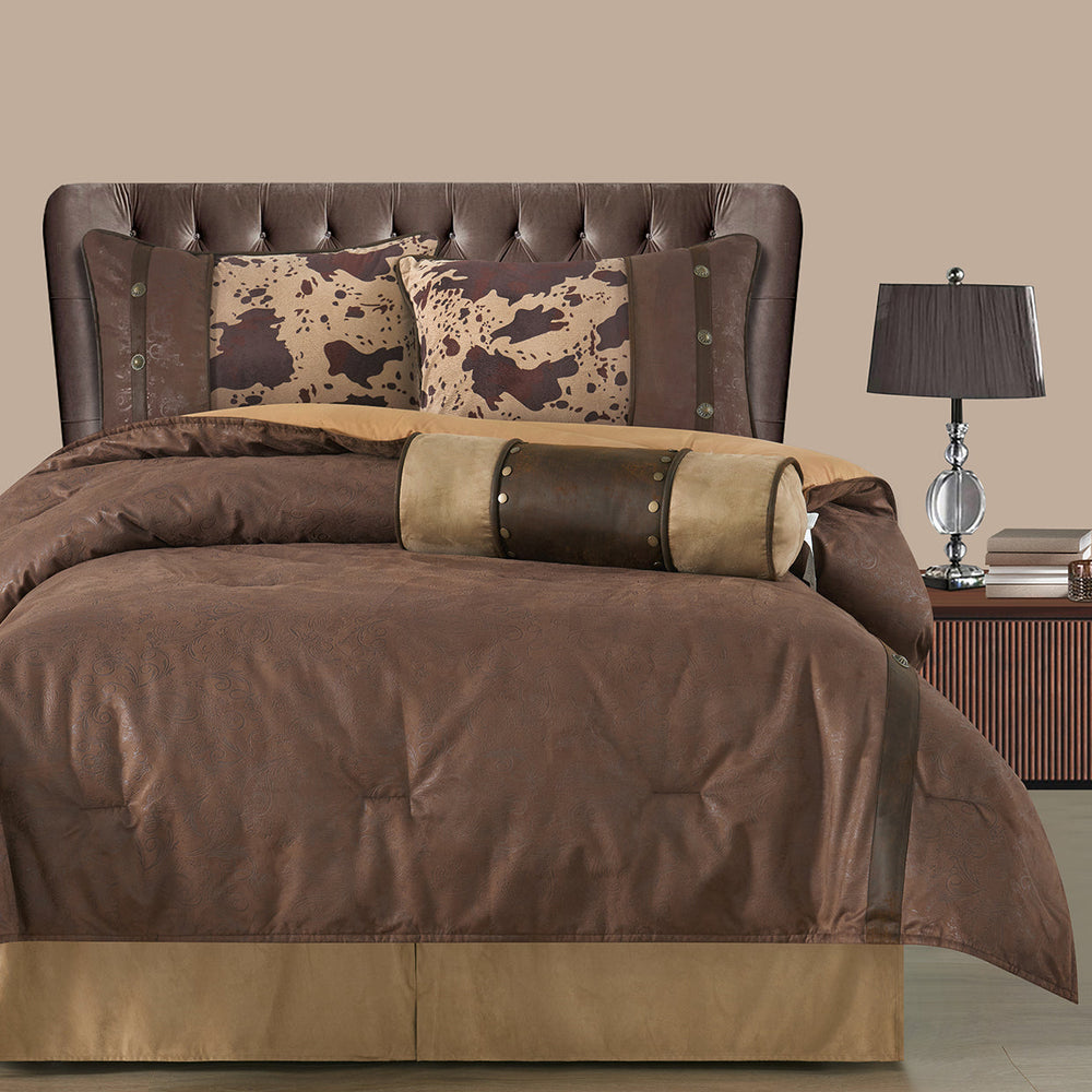 HiEnd Accents Caldwell Comforter Set WS4002-FL-OC Brown Comforter: Face: 100% Polyester. Back: 100% Cotton; BedSkirt: Skirt: 100% Polyester. Decking: 100% Polyester; Standard Sham: 100% Polyester(2pc); Dec Pillow: Shell: 100% Polyester. Filling: 100% Polyster 80x90x3