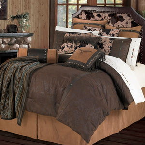 HiEnd Accents Caldwell Comforter Set WS4002-FL-OC Brown Comforter: Face: 100% Polyester. Back: 100% Cotton; BedSkirt: Skirt: 100% Polyester. Decking: 100% Polyester; Standard Sham: 100% Polyester(2pc); Dec Pillow: Shell: 100% Polyester. Filling: 100% Polyster 80x90x3