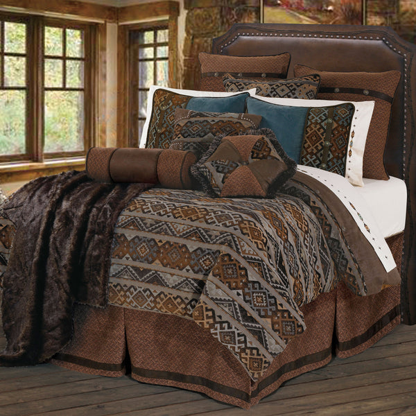 HiEnd Accents Rio Grande Duvet Cover Set WS4007-FL-OC Brown Duvet Cover - Face: 100% polyester; Back: 100% cotton. Bed Skirt - Skirt: 100% polyester; Decking: 100% polyester. Pillow Sham and Euro Sham - 100% polyester. Decorative Pillow - Shell: 100% polyester; Fill: 100% polyester. 80x90x0.5