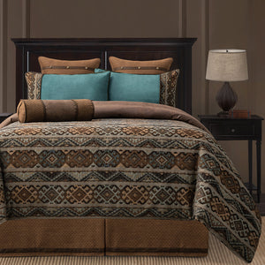 HiEnd Accents Rio Grande Duvet Cover Set WS4007-TW-OC Brown Duvet Cover - Face: 100% polyester; Back: 100% cotton. Bed Skirt - Skirt: 100% polyester; Decking: 100% polyester. Pillow Sham and Euro Sham - 100% polyester. Decorative Pillow - Shell: 100% polyester; Fill: 100% polyester. 68x88x0.5