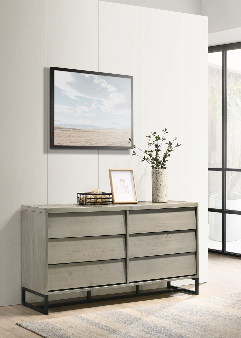 Weston Engineered Wood / Metal Mid Century Grey Stone Dresser - 60.25" W x 17.5" D x 32.75" H