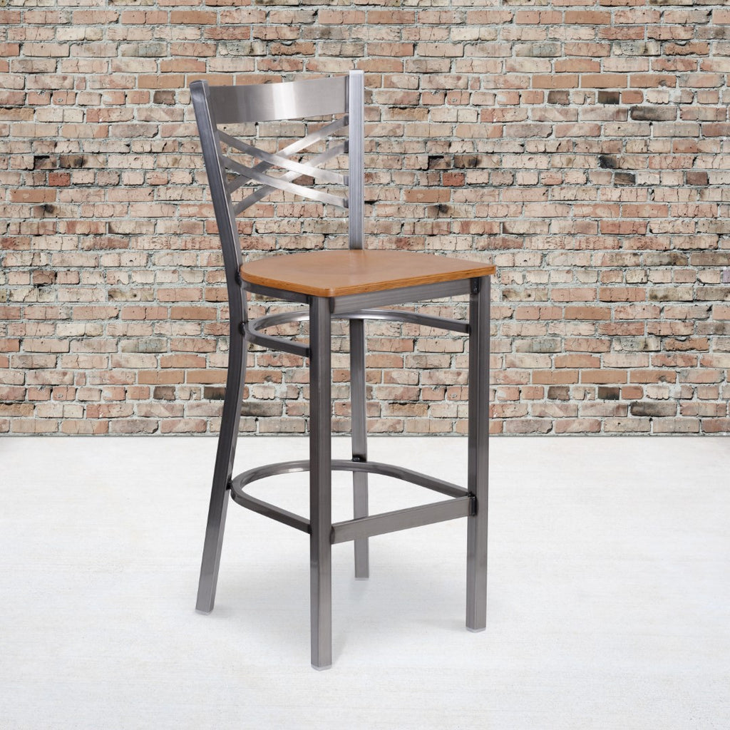 English Elm EE1186 Traditional Commercial Grade Metal Restaurant Barstool Natural Wood Seat/Clear Coated Metal Frame EEV-11198