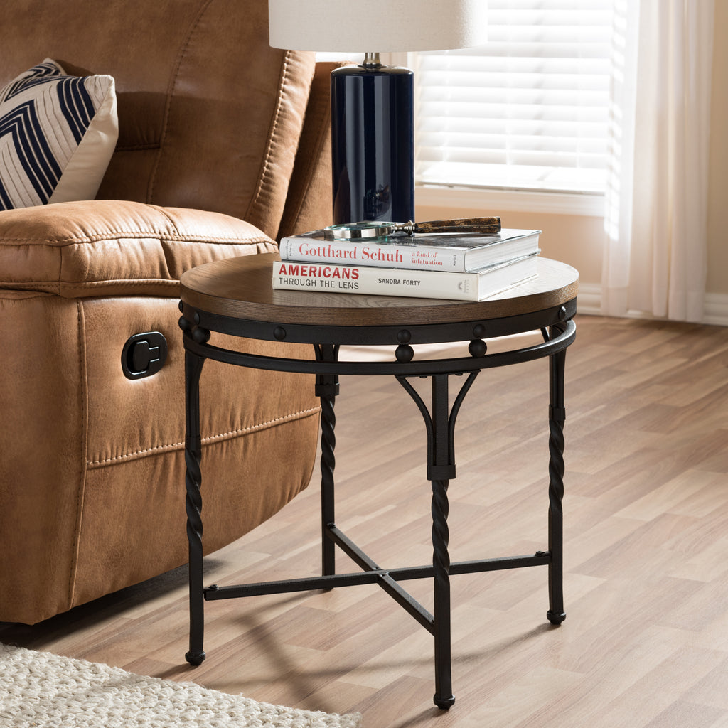 Austin Vintage Industrial Antique Bronze Round End Table English Elm