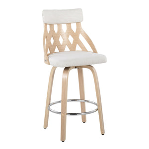 York Mid-Century Modern 26" Counter Stool in Natural Wood and Cream Fabric with Chrome Footrest by LumiSource