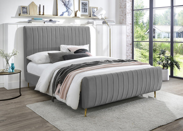 Zara Velvet / Engineered Wood / Foam Contemporary Grey Velvet Queen Bed (3 Boxes) - 63" W x 92.3" D x 49" H