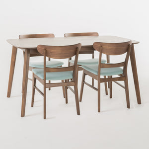 Bryner Mid-Century Modern 5 Piece Dining Set, Mint and Natural Walnut Noble House