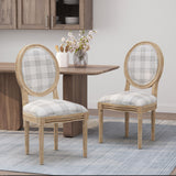 Phinnaeus French Country Fabric Dining Chairs, Gray Plaid and Light Beige Noble House