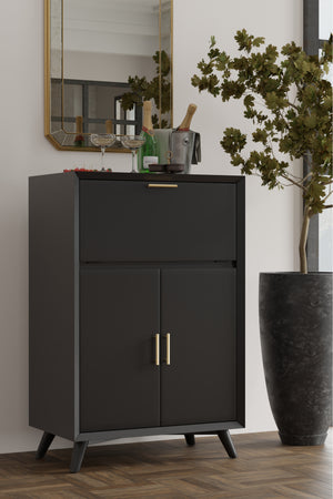 Alpine Furniture Flynn Large Bar Cabinet w/Drop Down Tray, Black 966BLK-16 Black Mahogany Solids & Veneer 32 x 19 x 51