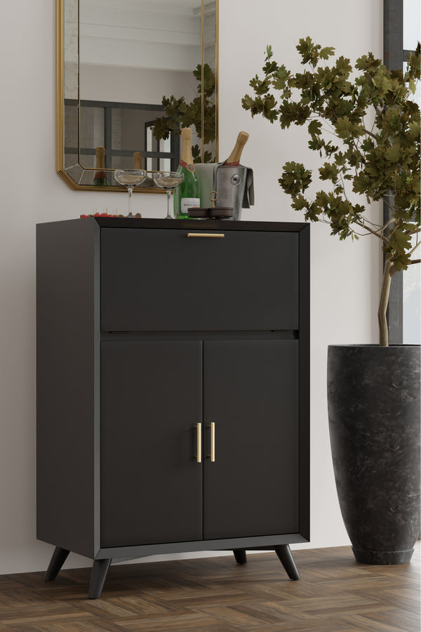 Alpine Furniture Flynn Large Bar Cabinet w/Drop Down Tray, Black 966BLK-16 Black Mahogany Solids & Veneer 32 x 19 x 51