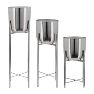 Sagebrook Home Contemporary Set of 3 -  Metal Planters On Stand 40/30/20"h, Silver/sil 14630-03 Silver Iron