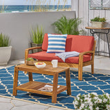 Grenada Loveseat and Coffee Table Set for Patio, Acacia Wood, Teak Finish with Red Outdoor Cushions Noble House