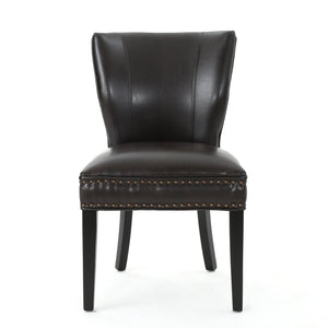 Jackie Contemporary Bonded Leather Dining Chair with Nailhead Accents, Brown and Dark Brown Noble House