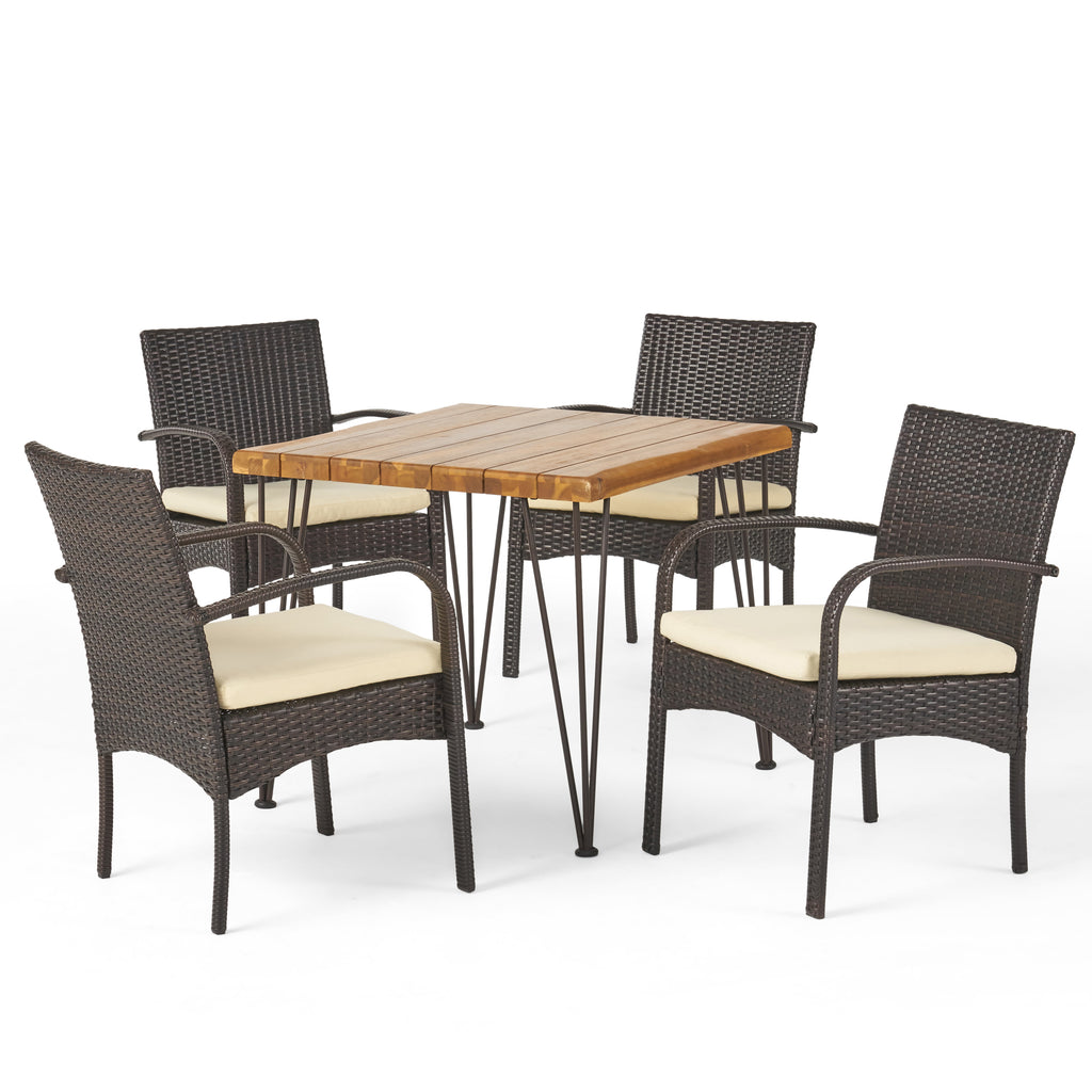 Clayton Outdoor Industrial Wood and Wicker 5 Piece Square Dining Set, Teak and Multi Brown and Crème Noble House