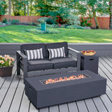 Cape Coral Outdoor Loveseat and Fire Pit Set, Grey with Dark Grey Cushions and Dark Grey Noble House
