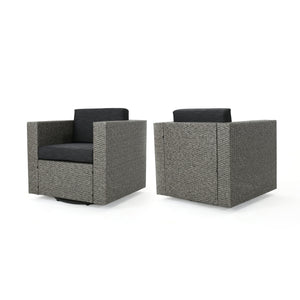 Puerta Outdoor Mixed Black Wicker Swivel Club Chairs with Dark Grey Water Resistant Cushions Noble House