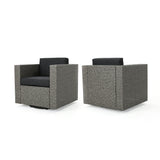 Puerta Outdoor Mixed Black Wicker Swivel Club Chairs with Dark Grey Water Resistant Cushions - Set of 2