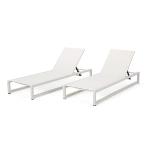 Noble House Modesta Outdoor Aluminum Chaise Lounge with Mesh Seating (Set of 2), White