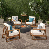 Belgian Outdoor 4 Seater Chat Set with Fire Pit, Teak Finish, Beige, and Dark Gray Noble House