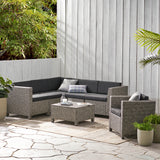 Puerta Outdoor Mixed Black Wicker V-Shaped Sectional Sofa Set with Club Chair Noble House