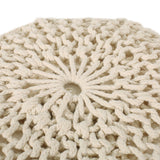 Hortense Modern Knitted Cotton Round Pouf, Ivory Noble House
